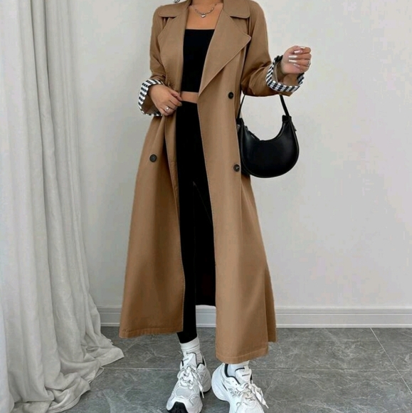 Women Loose Turndown Collar Double Breasted Plaid Patchwork Long Trench Coat